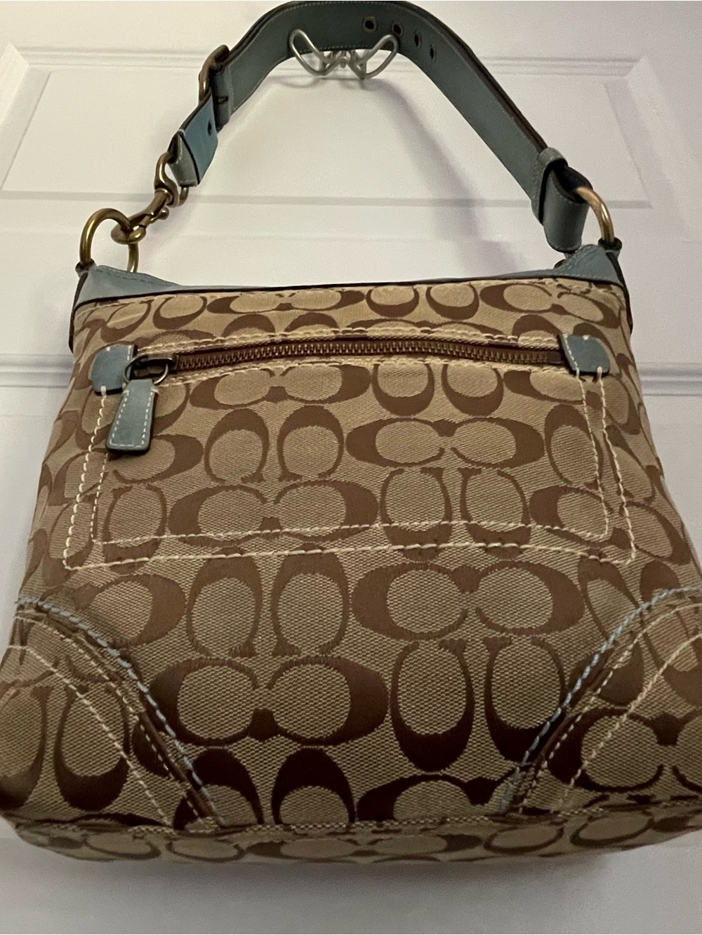 Vintage Y2K Coach signature Logo Blue & Brown Crossbody Shoulder Bag Zip Pockets - Picture 12 of 16